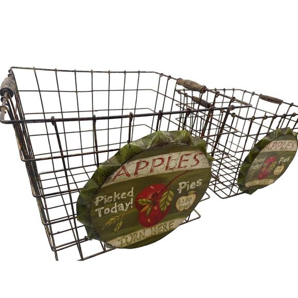 Vintage Metal Wire Locker Baskets Apple Pie Farmhouse Storage | Set of 2 - Picture 10 of 16